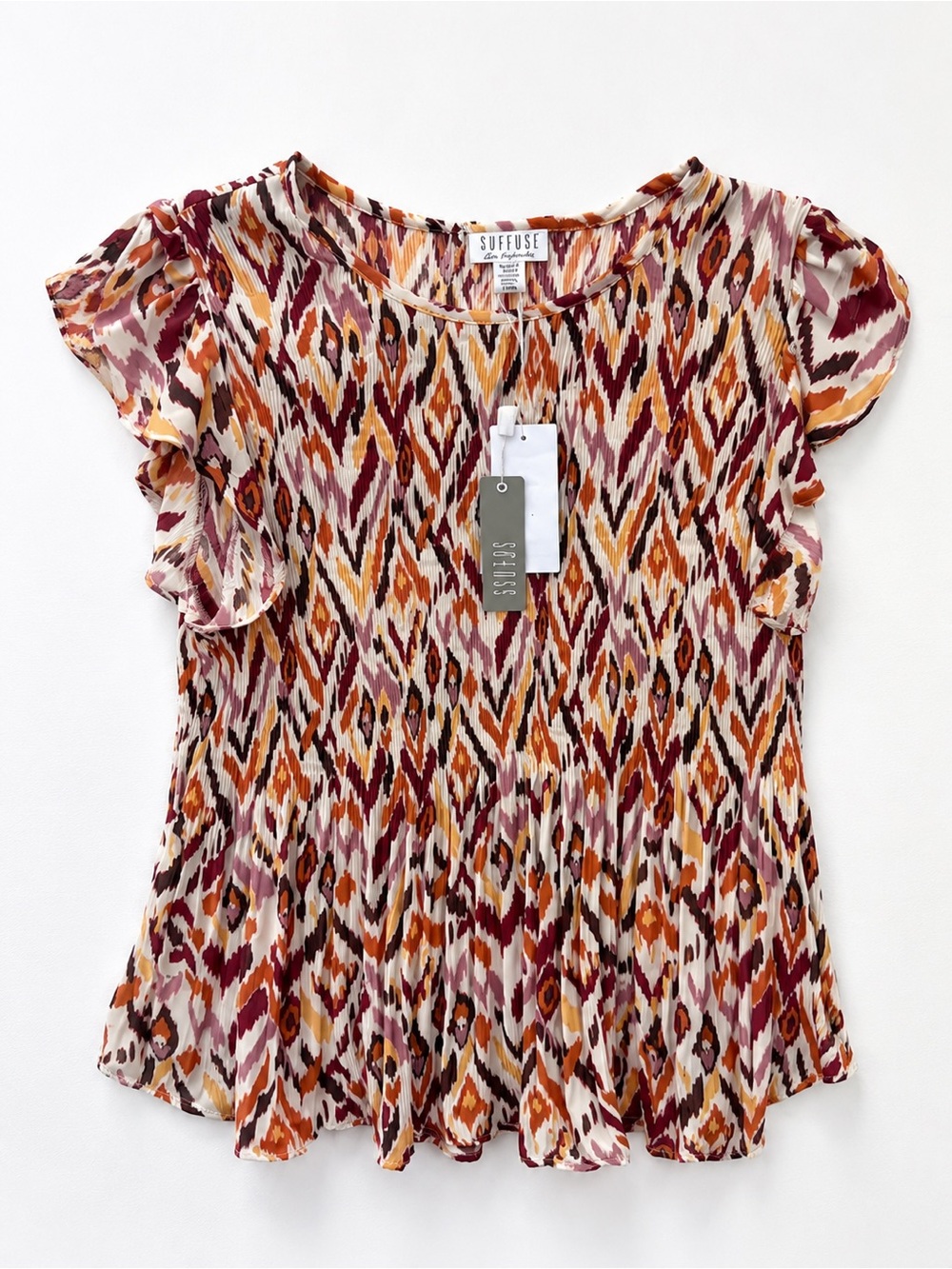 Suffuse Flutter Sleeve Ikat Blouse in Burgundy, Rust & Cream